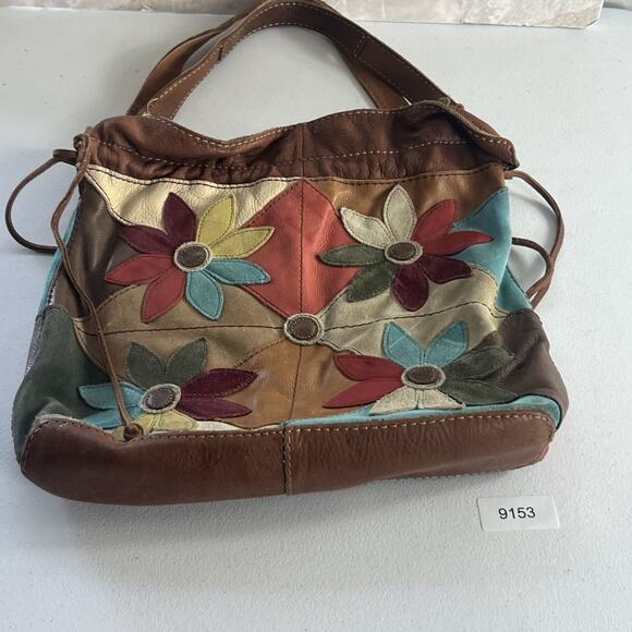 Lucky Brand Hobo Shoulder Bag Colorful Patchwork Leather Suede Flowers Vtg Boho - Picture 3 of 16